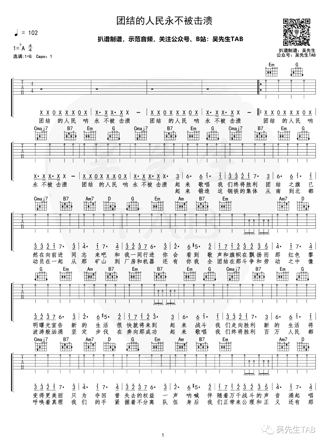 团结的人民永不被击溃,Sergi歌曲,简单指弹教学简谱,吴先生TAB六线谱图片