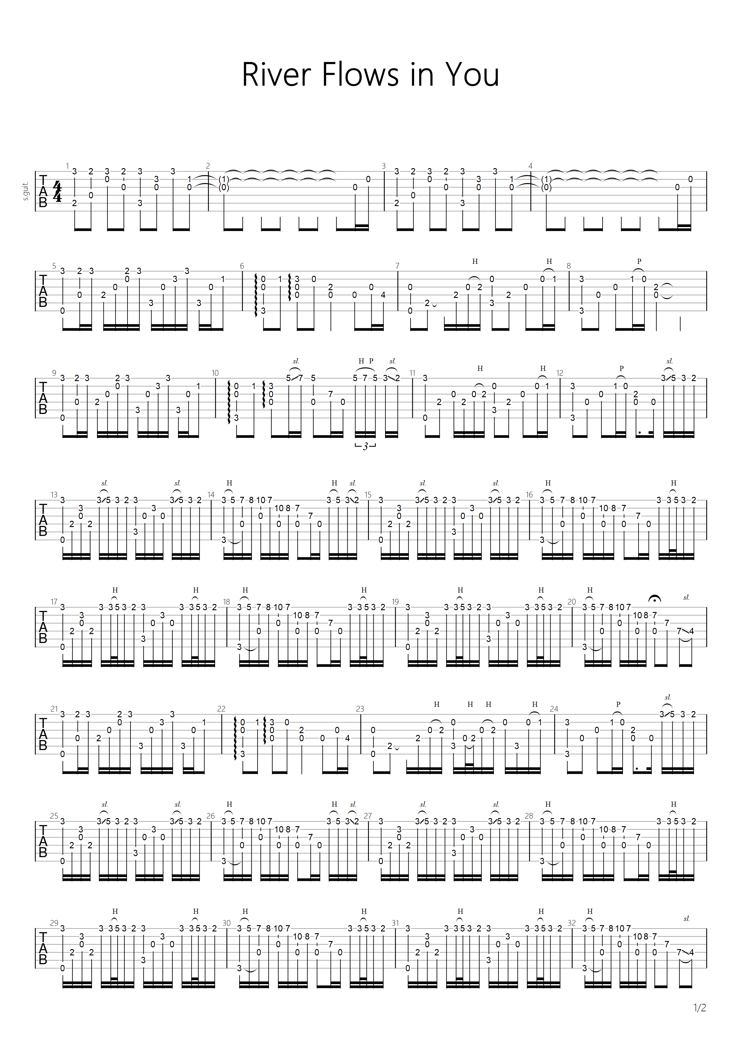 RiverFlow,作李闰珉歌曲,简单指弹教学简谱,易唱网六线谱图片