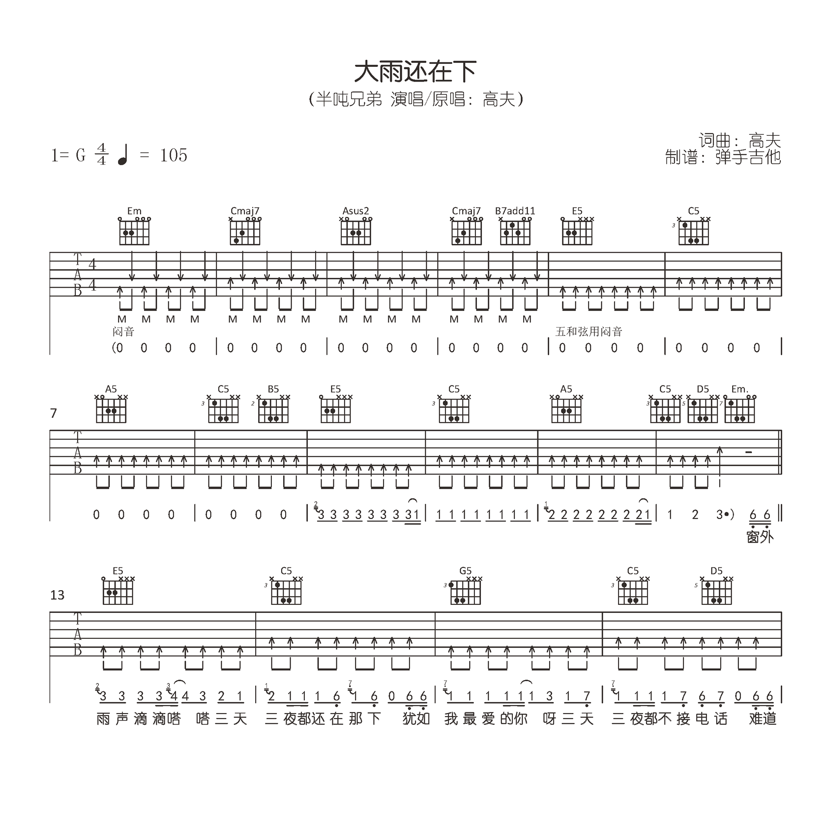 大雨还在下吉他谱,高夫歌曲,简单指弹教学简谱,弹手吉他六线谱图片