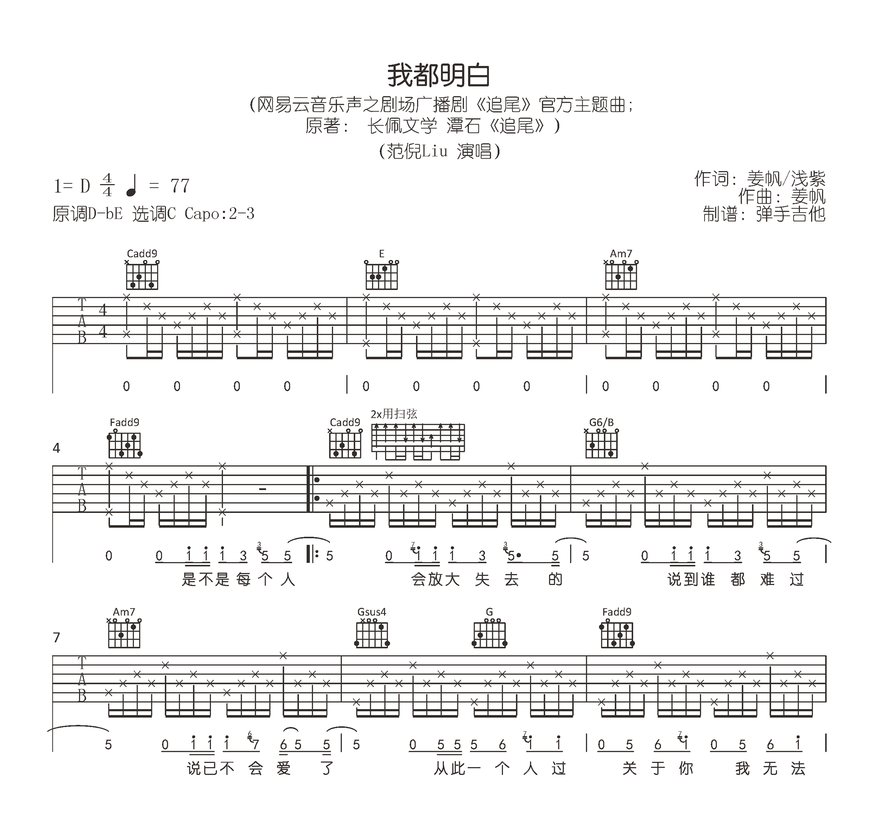 我都明白吉他谱,姜帆歌曲,C调简单指弹教学简谱,弹手吉他六线谱图片