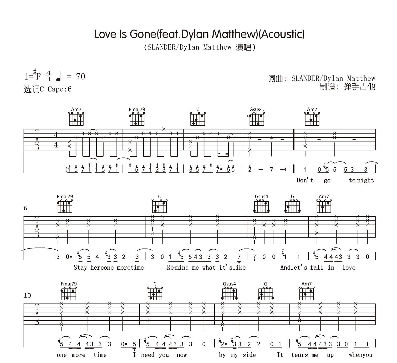 loveisgo,SLAND歌曲,简单指弹教学简谱,弹手吉他六线谱图片