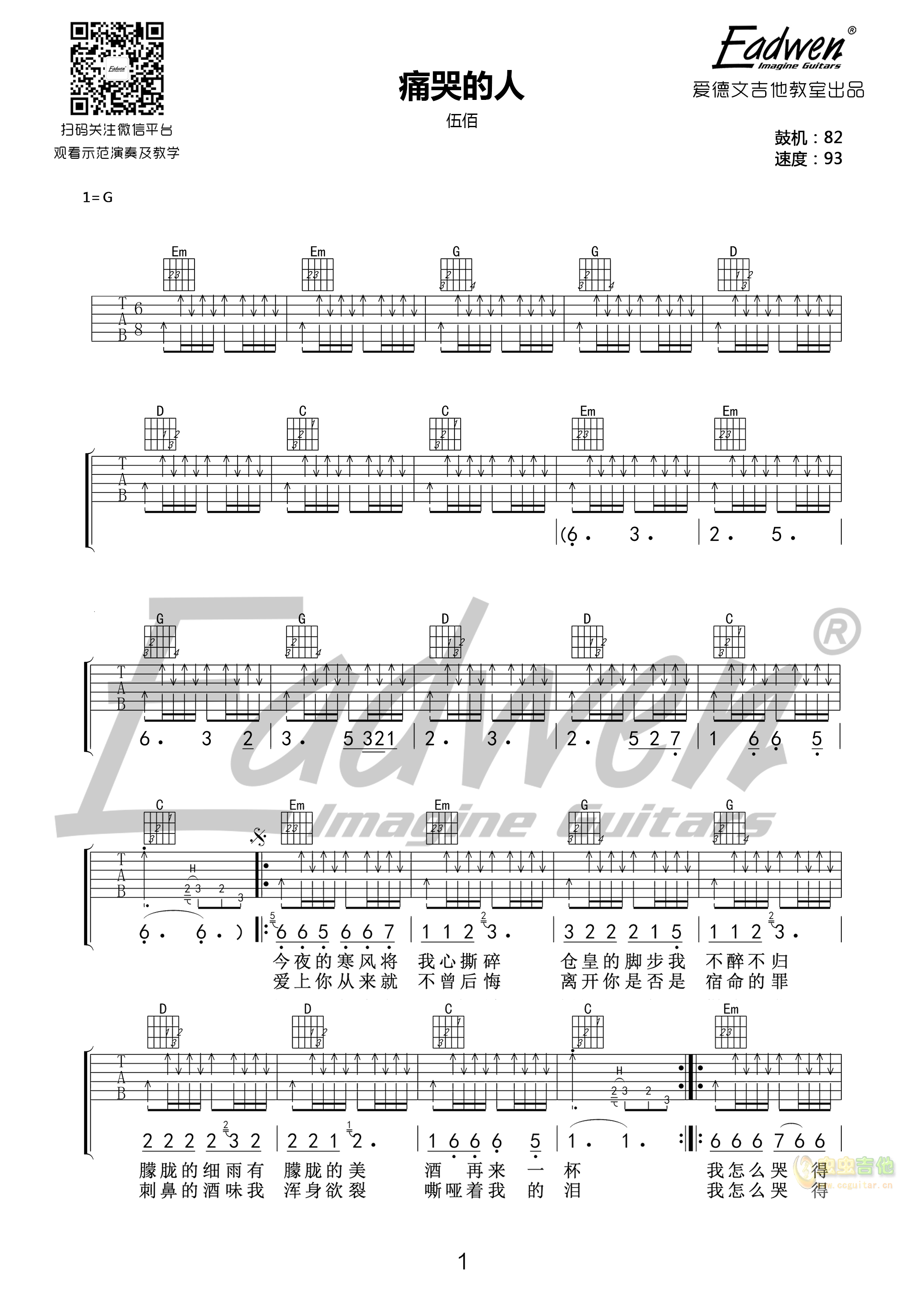 《痛哭的人吉他谱》_伍佰_G调 图一
