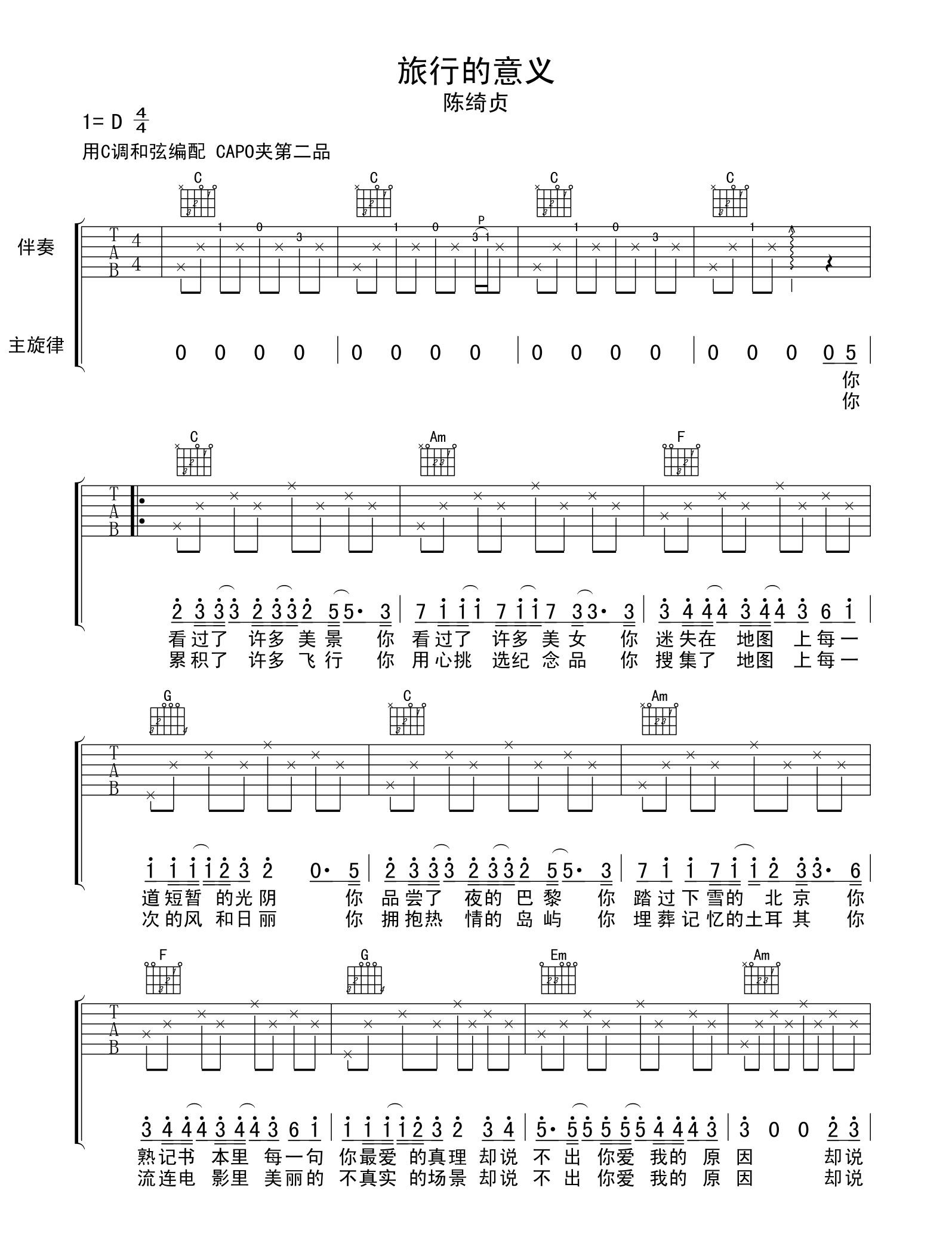 《旅行的意义吉他谱》_陈绮贞__C调六线谱标准版_C调 图一