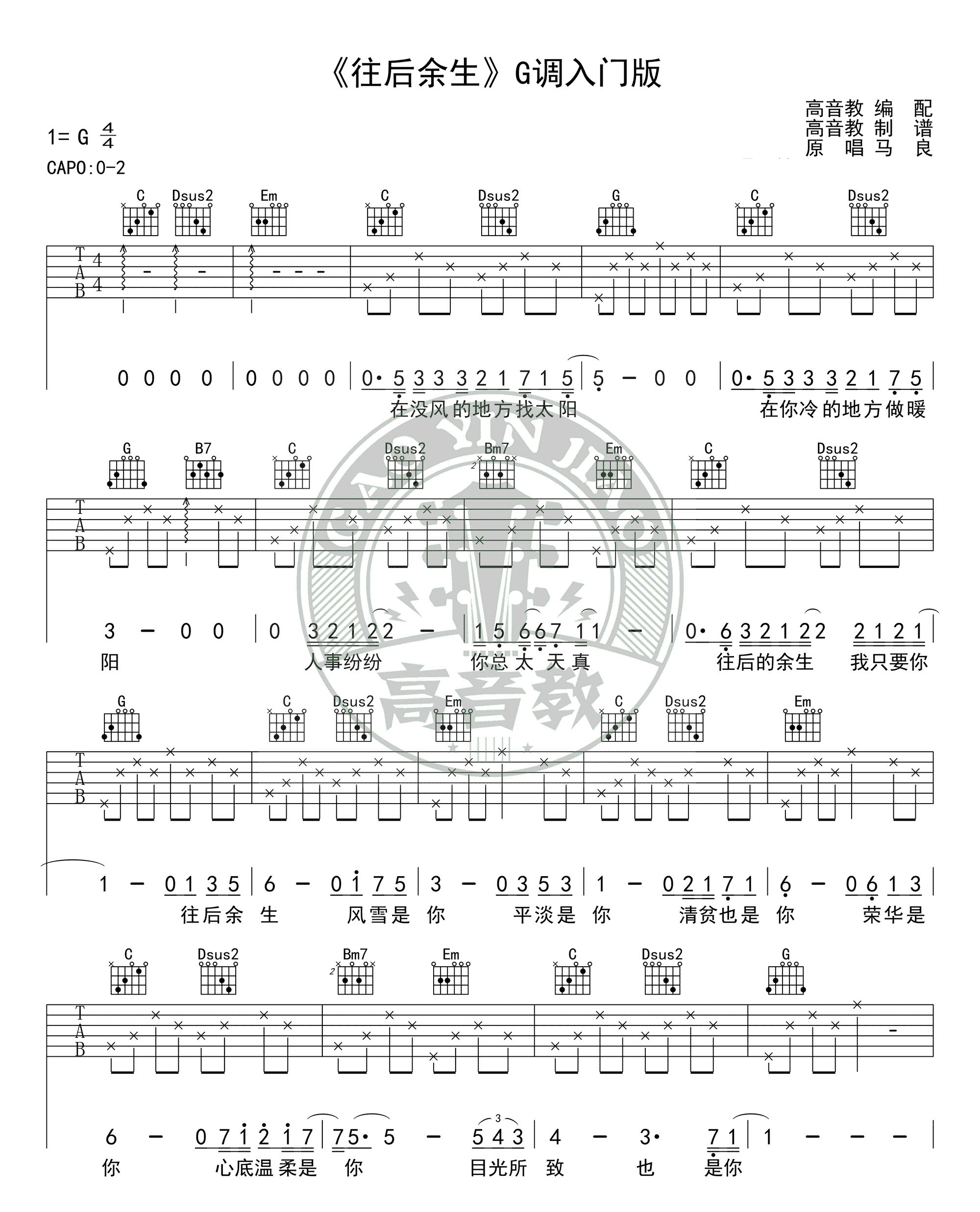 《往后余生吉他谱》_马良、孙茜茹_G调入门版_马良_图片谱完整版_G调 图二