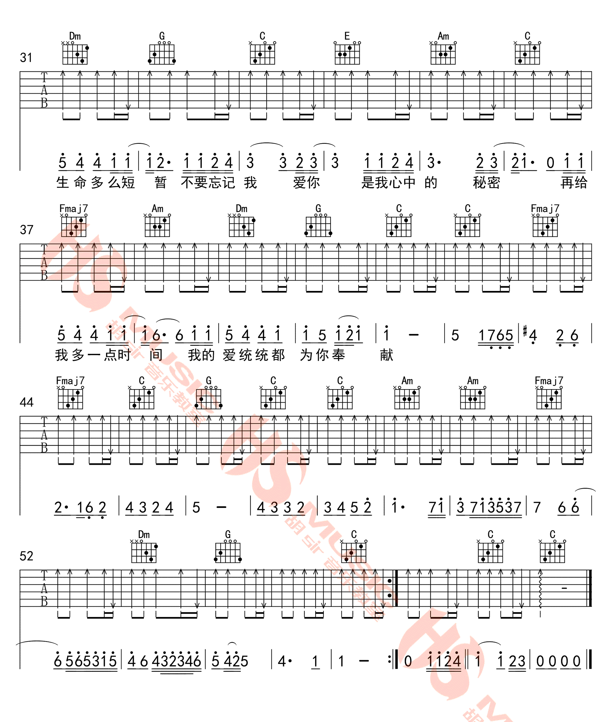 《不要忘记我爱你吉他谱》_群星_C调_高清弹唱谱_张碧晨_C调 图三
