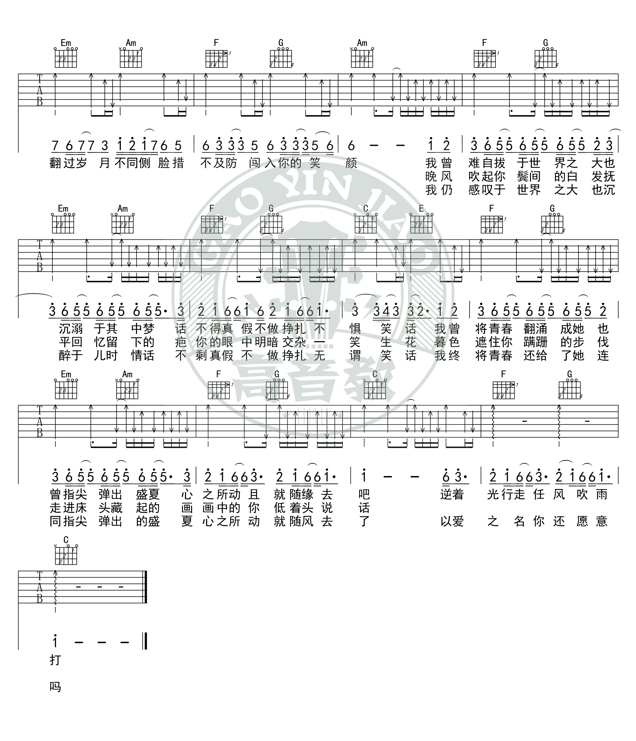 《起风了吉他谱》_群星_C调 图三