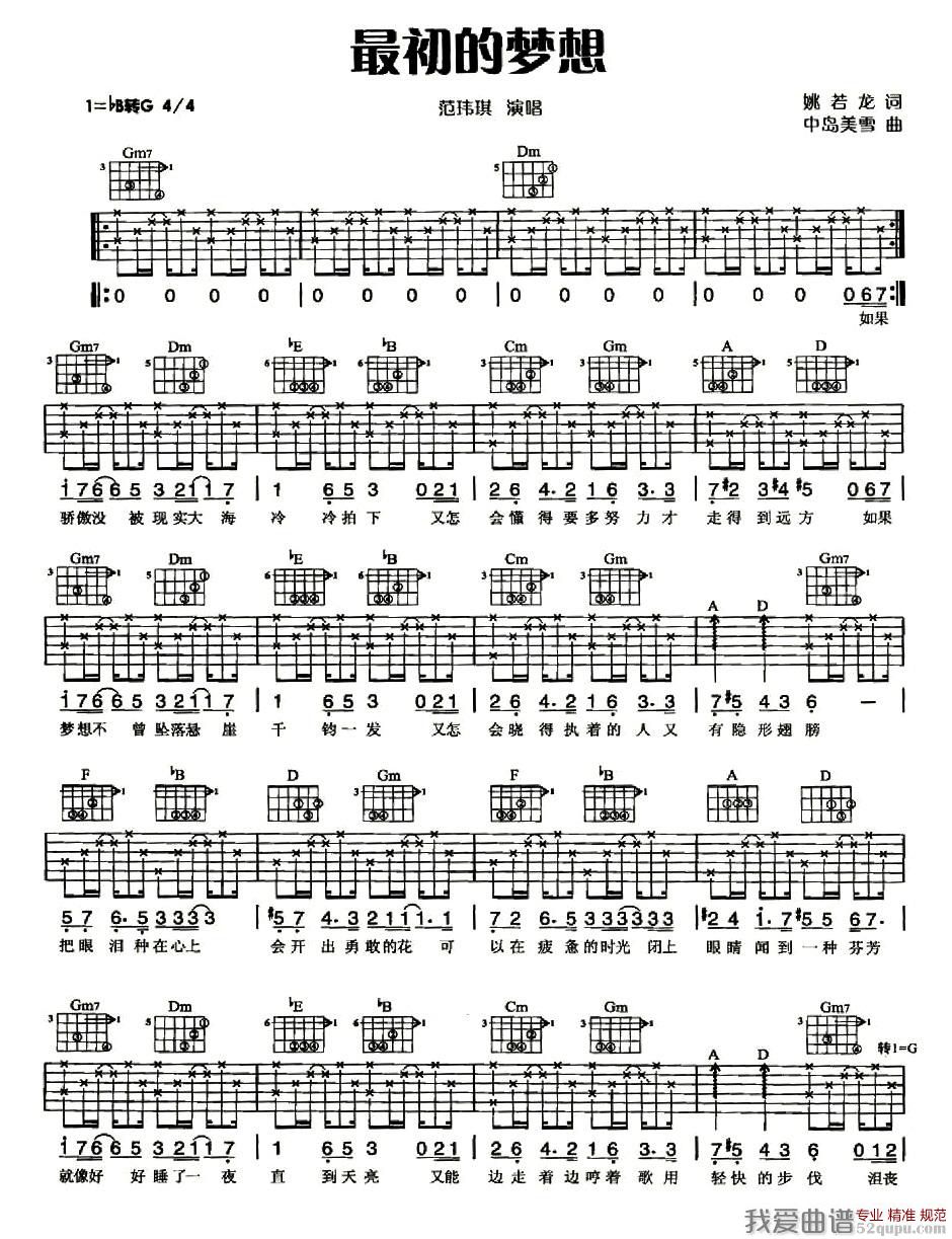 最初的梦想吉他谱,简单最初原版指弹曲谱,范玮琪高清流行弹唱/六线谱六线乐谱- 吉他简谱- 吉他世界