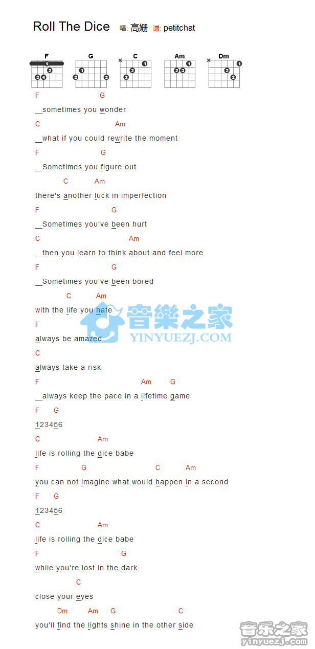 RollTheDice吉他谱,原版歌曲,简单F调弹唱教学,六线谱指弹简谱1张图 - 吉他简谱 - 吉他世界
